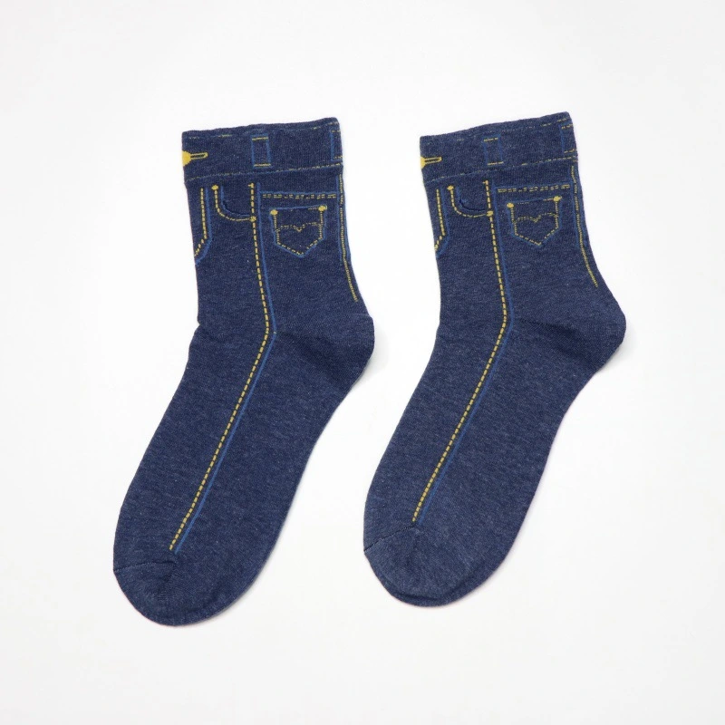 Custom Korean Socks Female Hipster Creative Everything with Vintage Blue Jeans Pattern Cotton Tube Mesh Red Socks