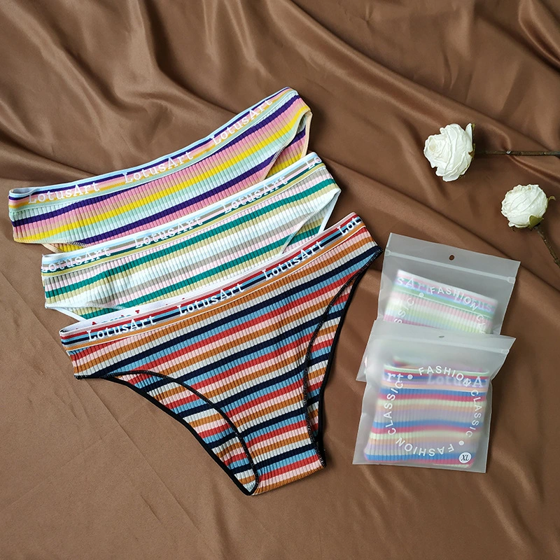 High School Girls Underwear Cotton Low Waist Rainbow Strip Summer Breathable High Elastic Women's Briefs Sexy Underwear