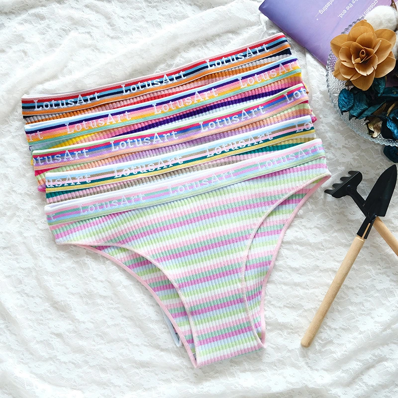 Lazada Low Waist Sexy Girls Underwear Sweet Color Strip Pure Cotton Triangle Underwear Wholesale Cotton Panties