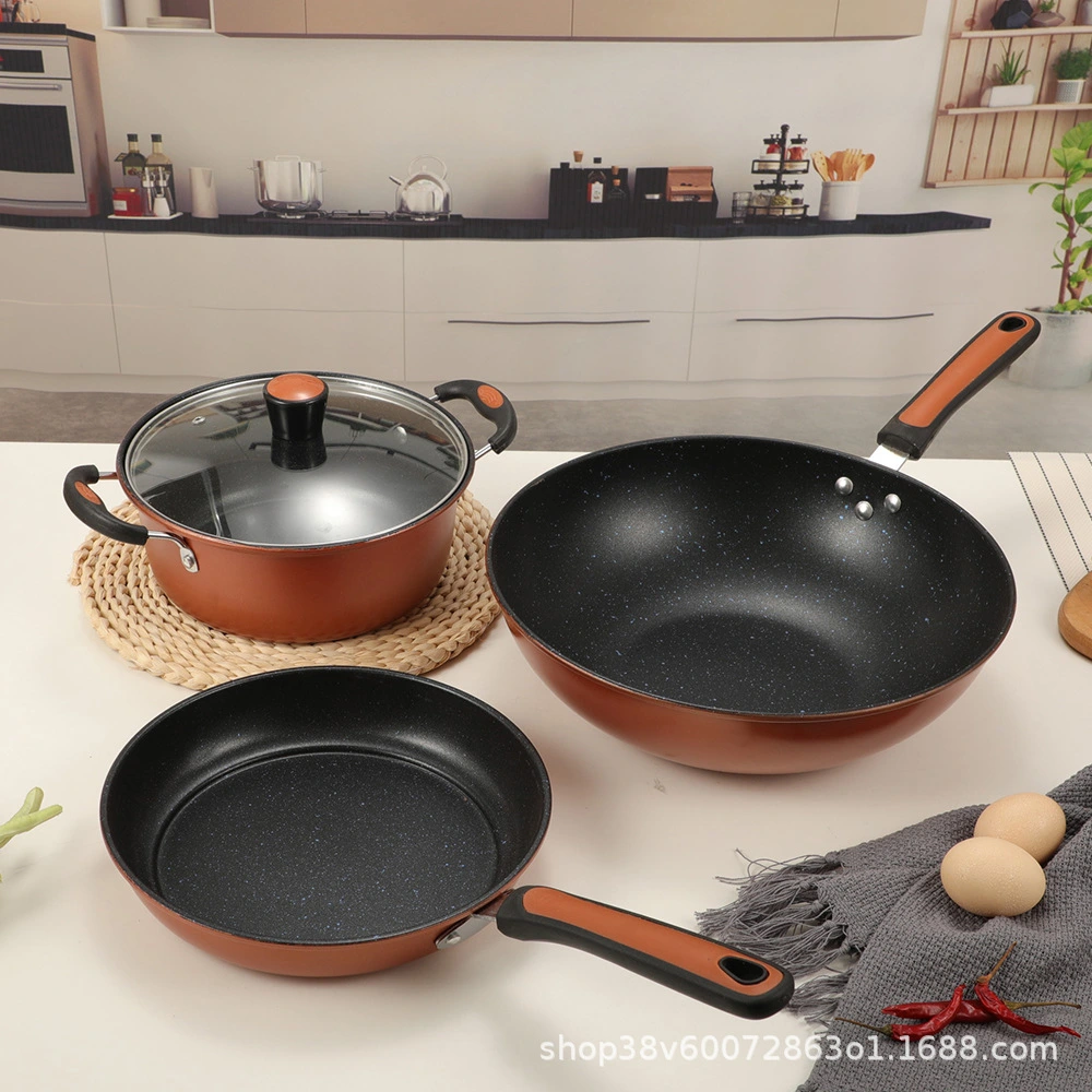 Medical Stone Non-stick Three-Piece Set of Household Frying Pan Pan Wok Wok Soup Pot Gift Pot