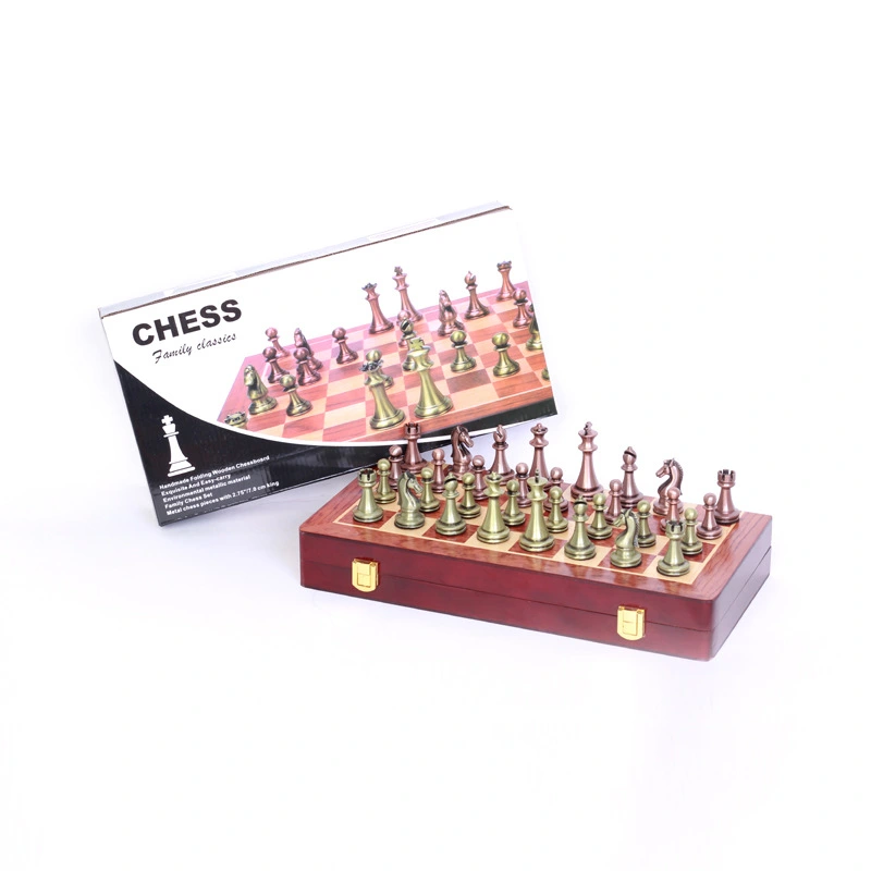 Metal Chess Set Folding Chess Board Beginners Adult Children Large Bronze Pieces