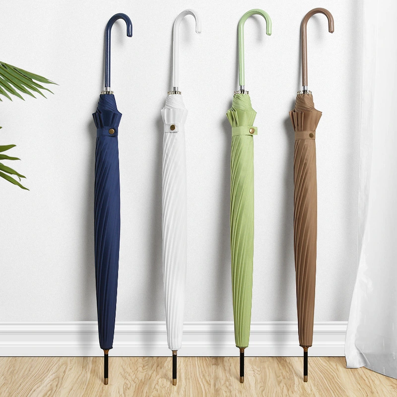 Creative Simple Straight Umbrella Long Handle Umbrella Solid Color Sun Series Small Fresh Leather Handle Umbrella Retro Men and Women Straight Handle Umbrella