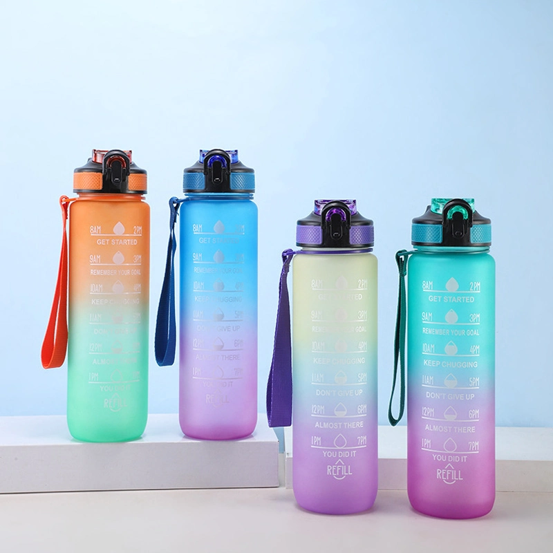 New plastic spring cup 1000ml Space cup portable frosted water bottle gradient color water cup outdoor sports water cup