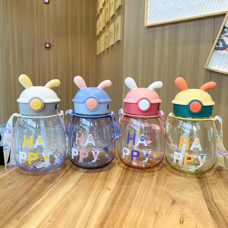 Children's water cup primary school strap water bottle plastic cup baby fall-proof cute girl sippy cup cartoon