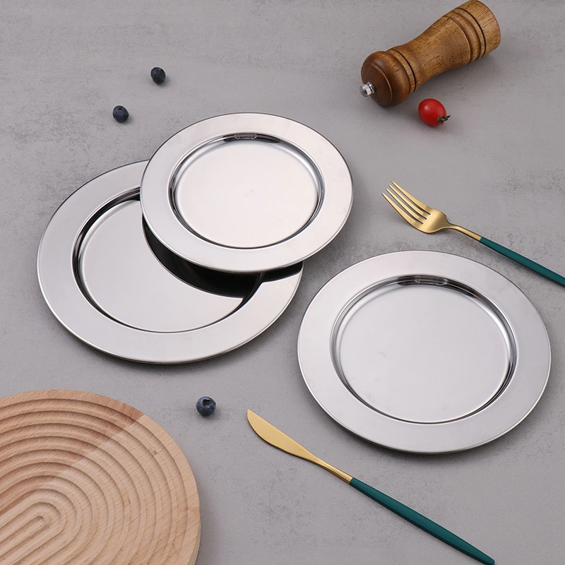 Stainless steel flat mirror plate Round creative fruit plate Large disc thickened mirror plate buffet tray Restaurant supplies