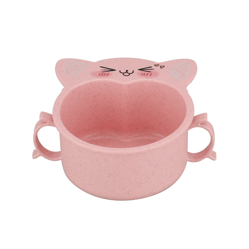 Wheat straw rice bowl with two ears children's tableware baby anti-scalding complementary food bowl Cat cartoon soup bowl children's gift